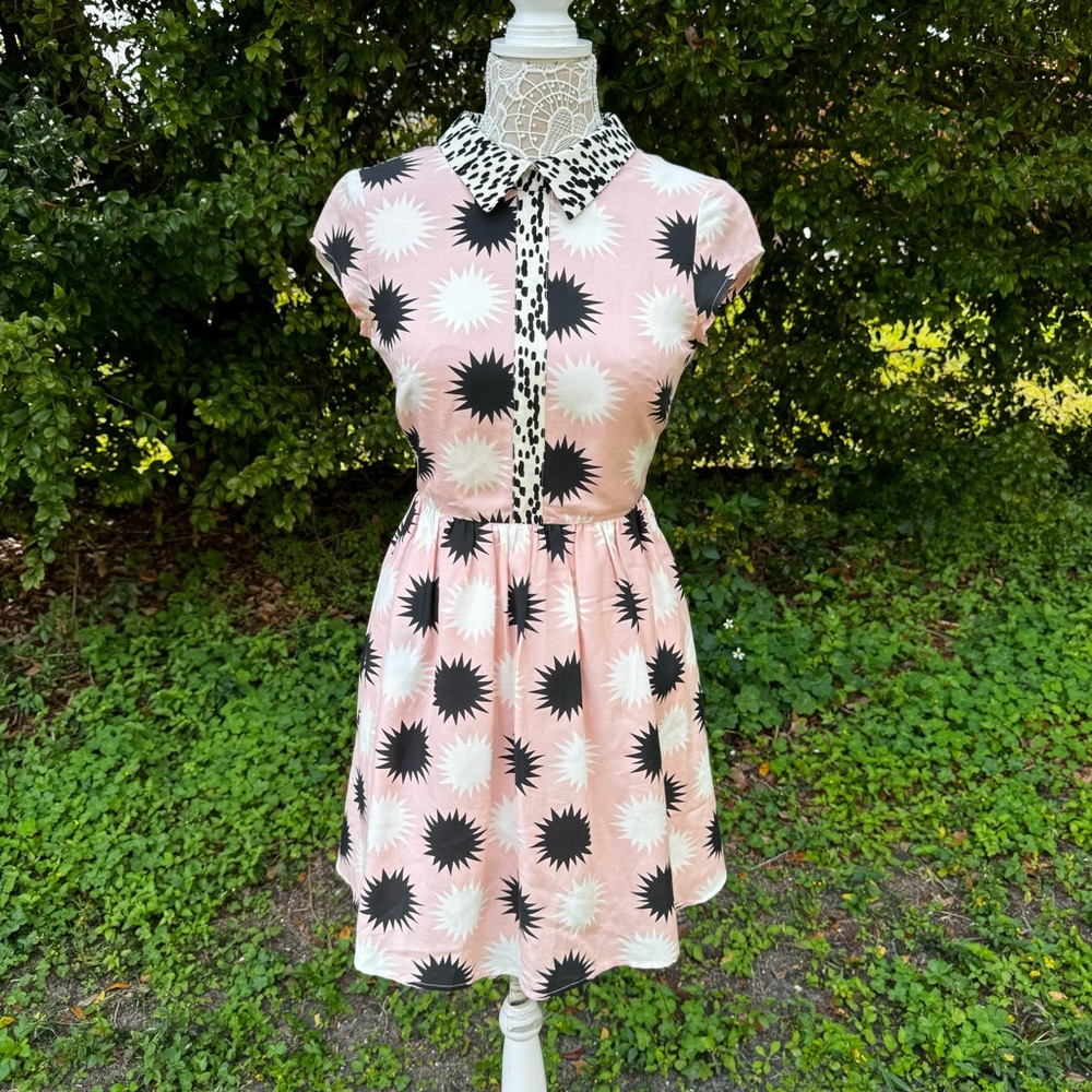 Anthropologie Troubadour Pink And Black Starburst Retro Silk Blend Dress Sz‎ 2
